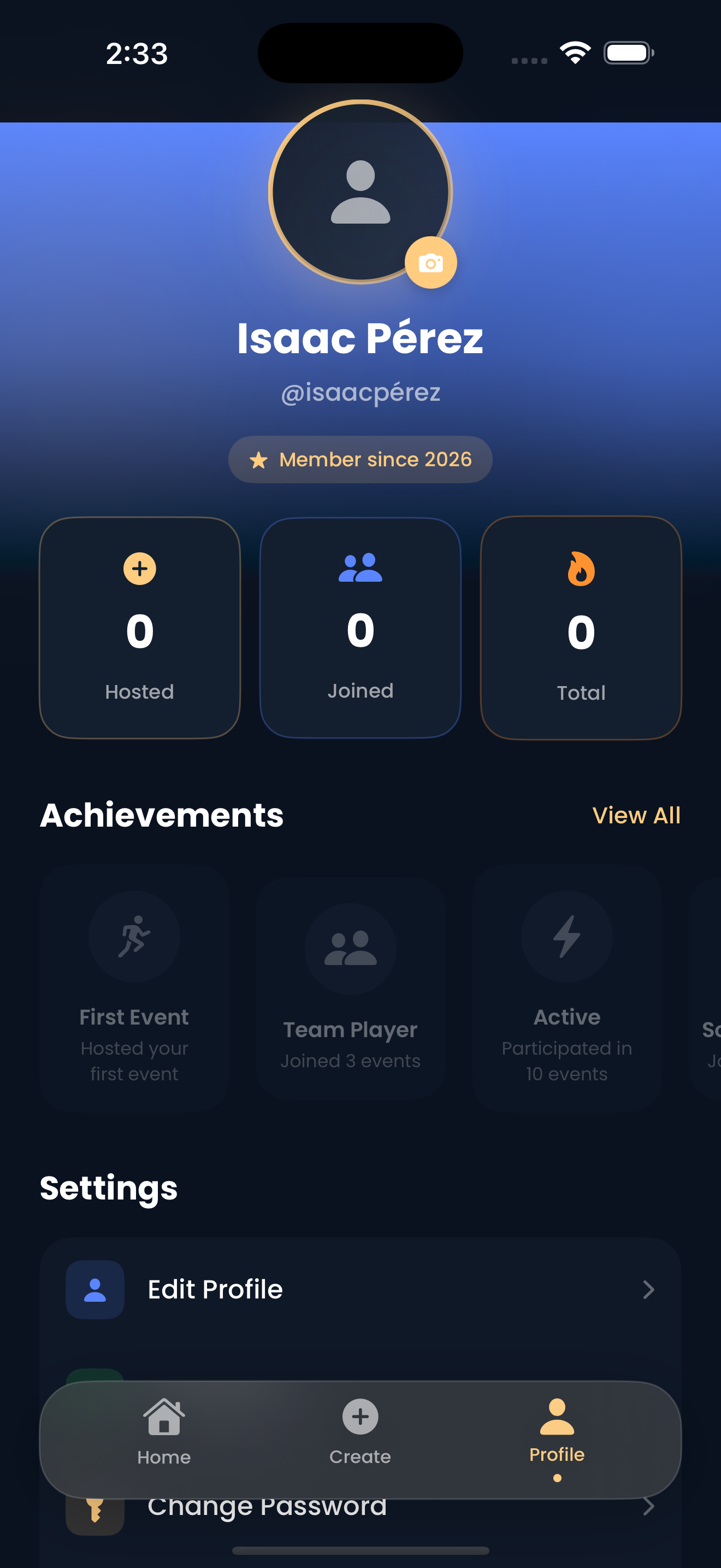 TeamUp Profile Screen